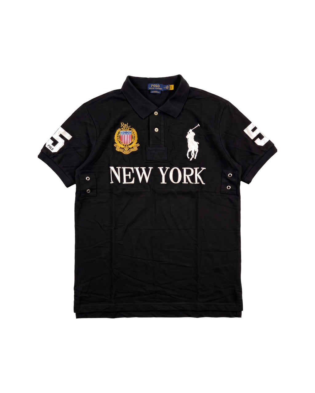 New York crest polo in black, front